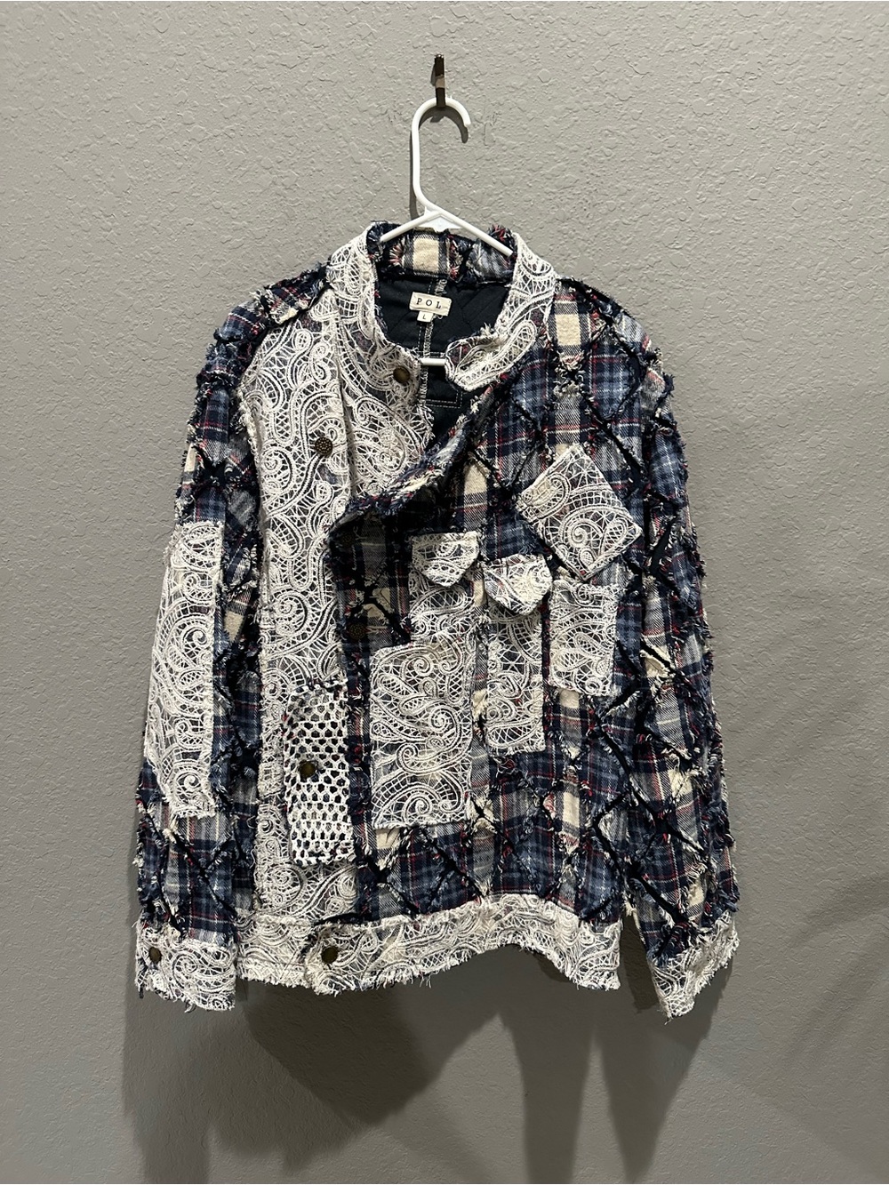 POL plaid and lace patchwork shacket jacket Sz L NWOT